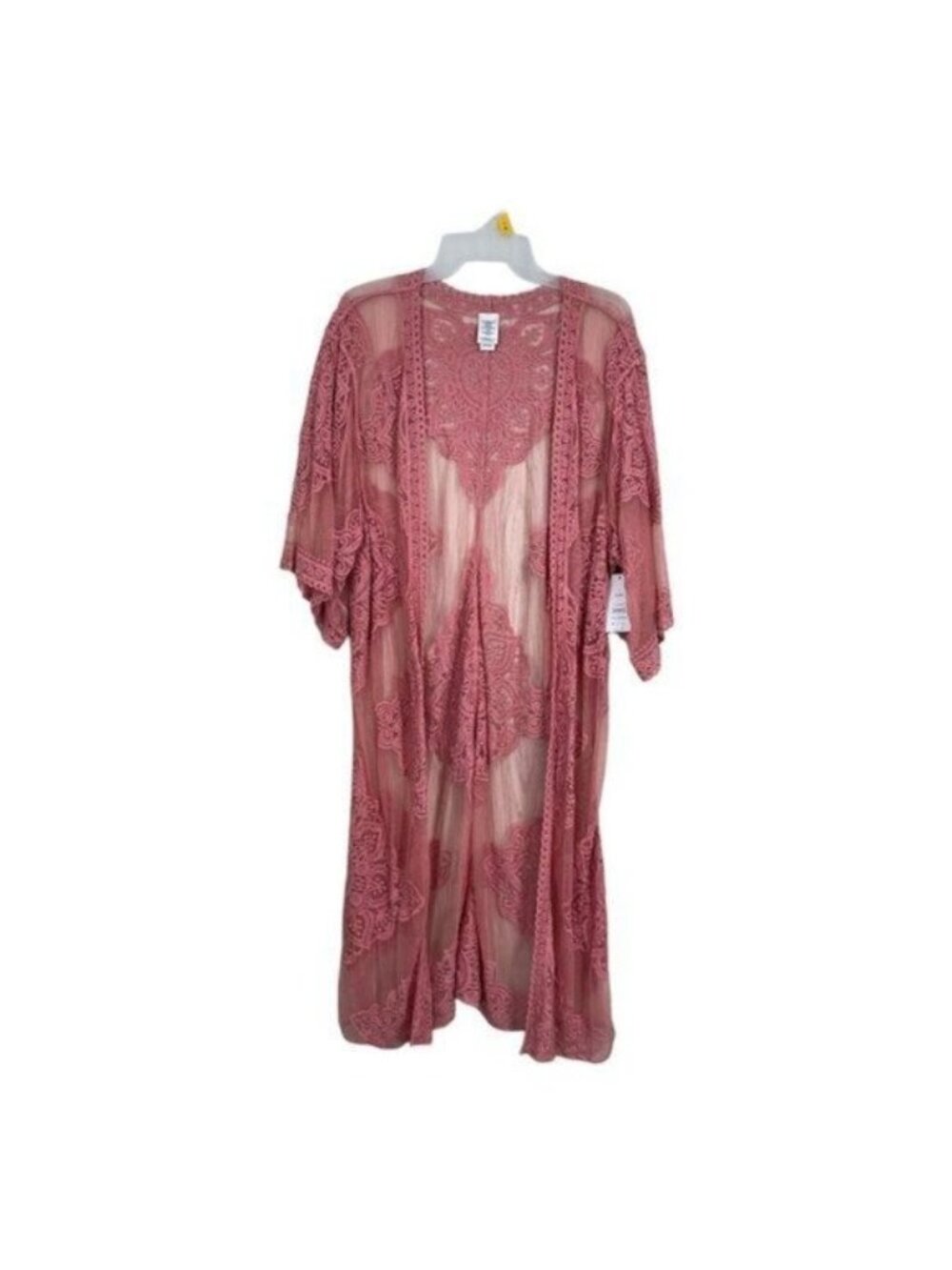 Pink Women Pink Sheer Lace Open Front Kimono Duster Cardigan Size L-XL Boho